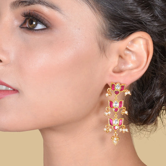 Three Lotus Designer Jadau Kundan Classic Earrings with Pearl Hangings