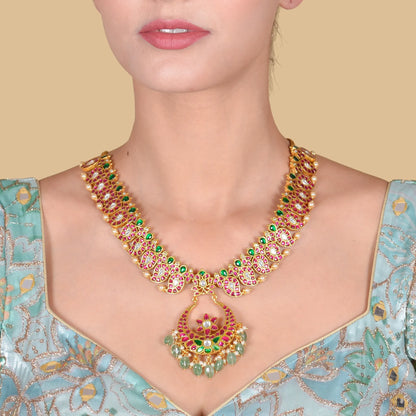 Short Mango Haram Real Jadau Kundan Work With Beautiful Green Emerald beads