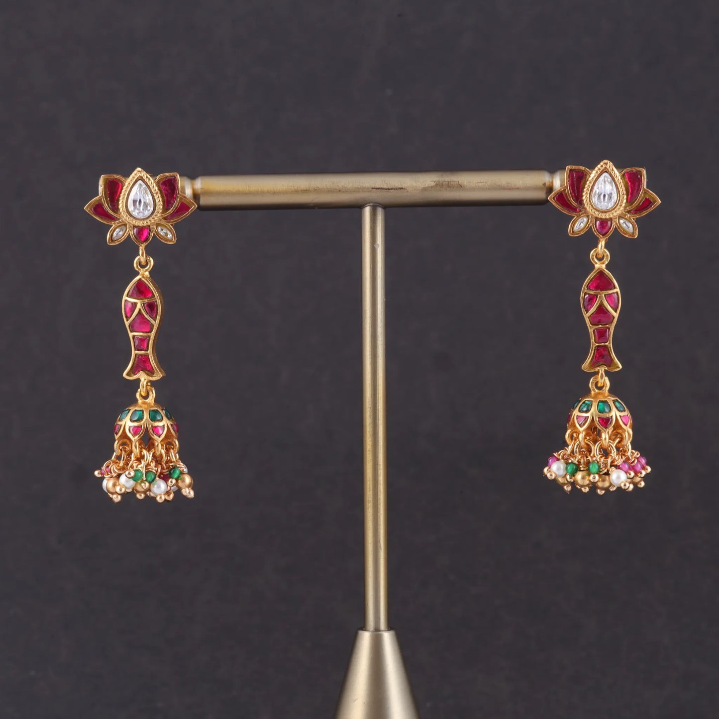 Lotus and Fish Designer Jadau Kundan Jhumka Earrings with Pearl, Red and Green Hangings