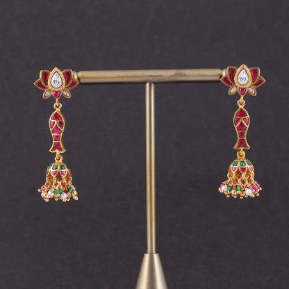 Lotus and Fish Designer Jadau Kundan Jhumka Earrings with Pearl, Red and Green Hangings