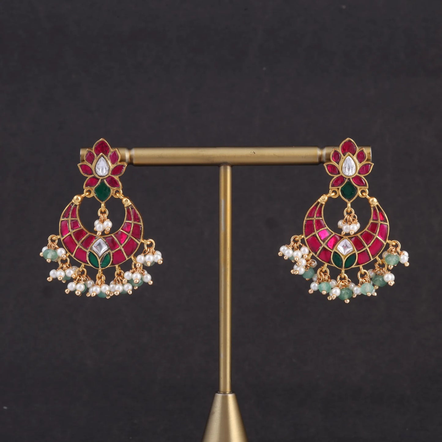 Unique and Stylish Floral Pattern Jadau Kundan Chandbali Earrings With Pearl and Green Beads Hangings