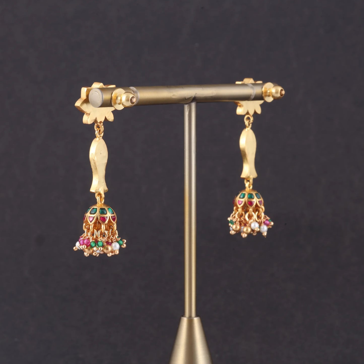 Lotus and Fish Designer Jadau Kundan Jhumka Earrings with Pearl, Red and Green Hangings