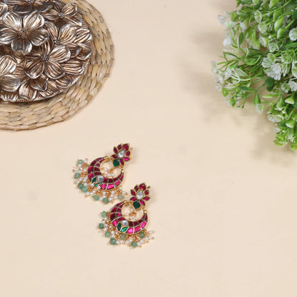 Unique and Stylish Floral Pattern Jadau Kundan Chandbali Earrings With Pearl and Green Beads Hangings