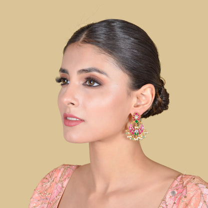 Unique and Stylish Floral Pattern Jadau Kundan Chandbali Earrings With Pearl and Green Beads Hangings