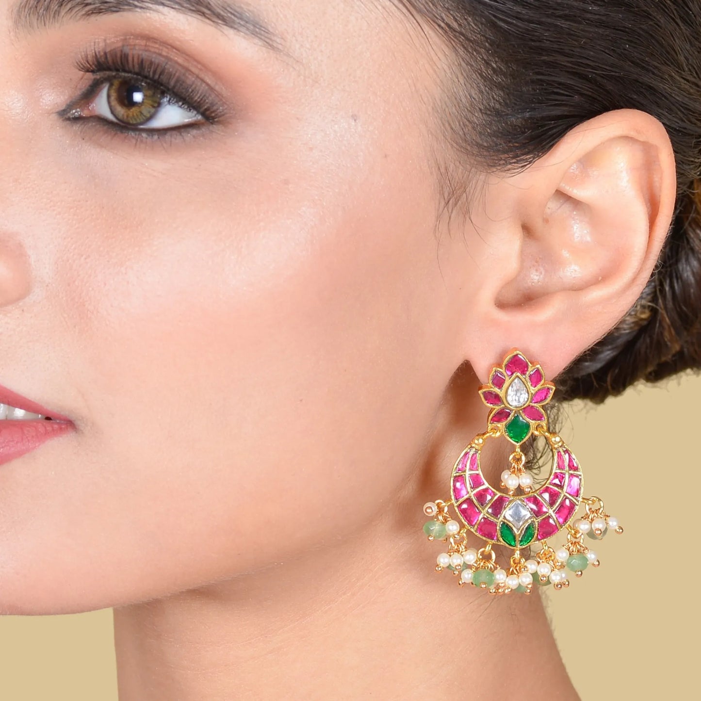 Unique and Stylish Floral Pattern Jadau Kundan Chandbali Earrings With Pearl and Green Beads Hangings