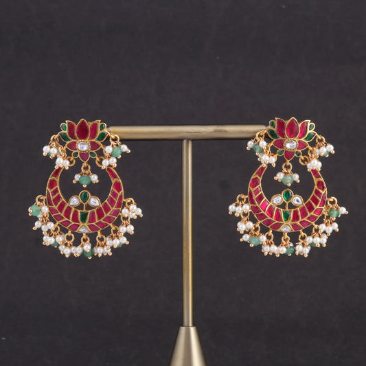 Ravishing Lotus Designer Jadau Kundan Chandbali Earrings with Pearl and Green Beads Hangings