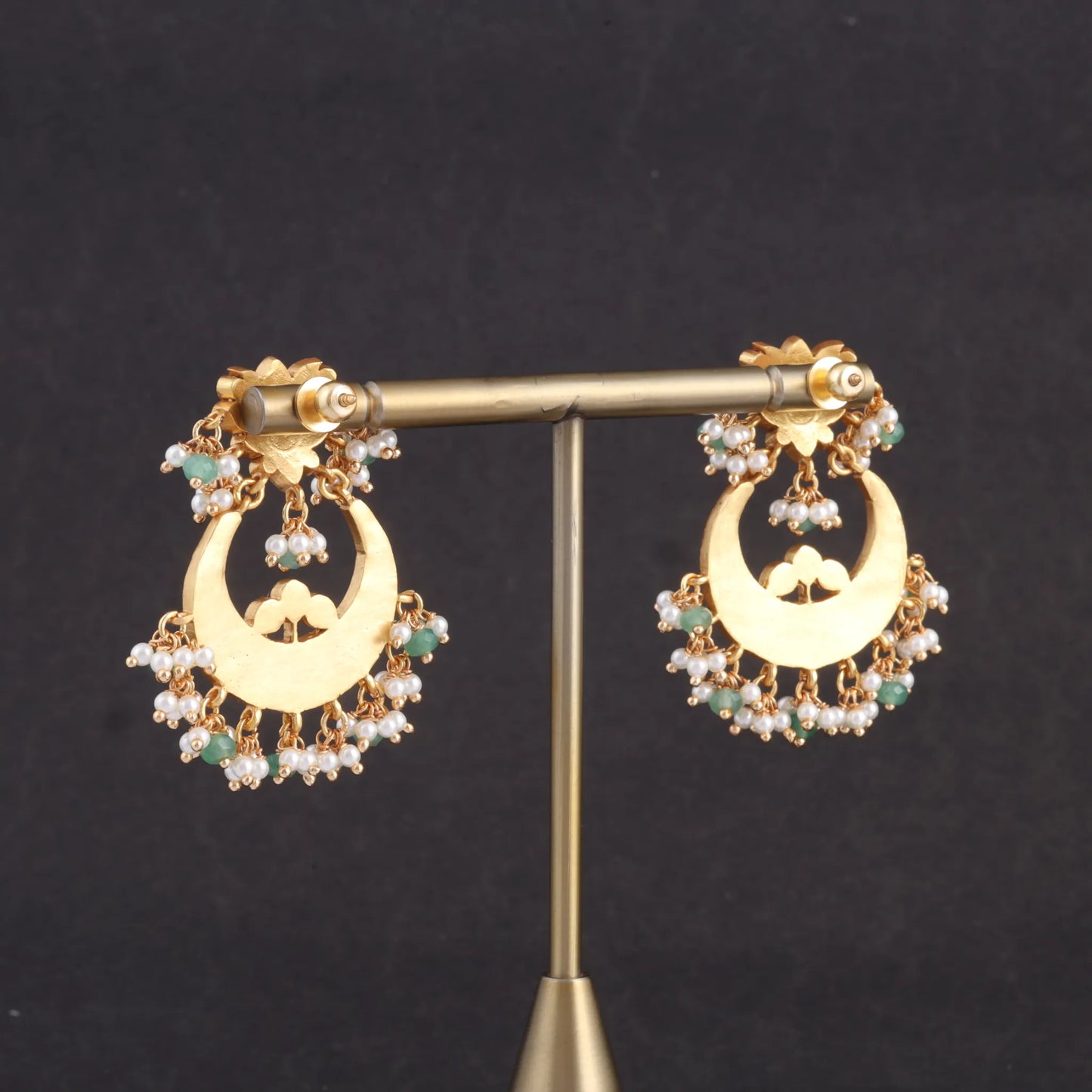 Ravishing Lotus Designer Jadau Kundan Chandbali Earrings with Pearl and Green Beads Hangings