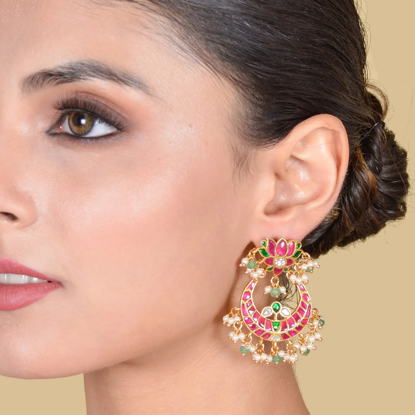 Ravishing Lotus Designer Jadau Kundan Chandbali Earrings with Pearl and Green Beads Hangings