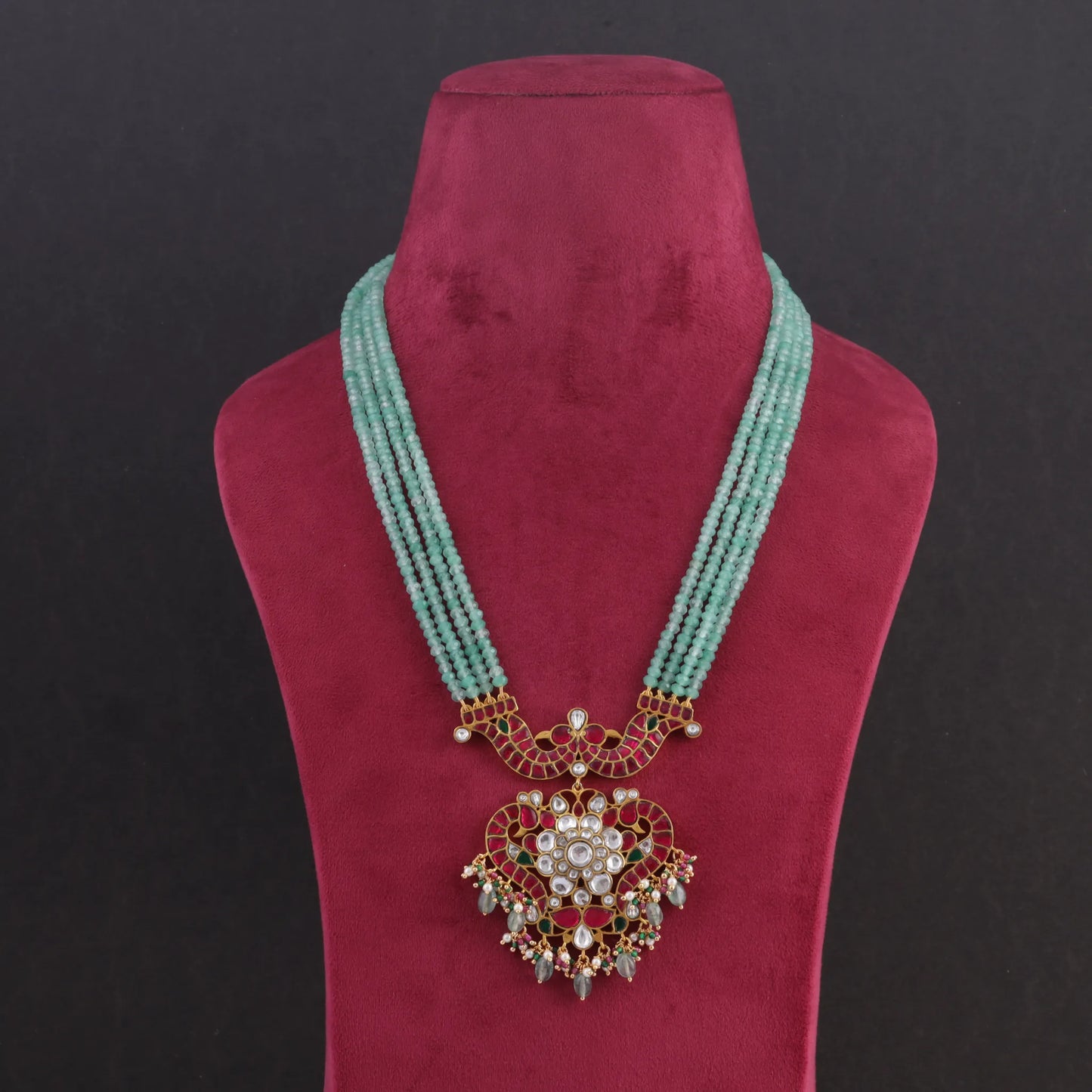 Classic Designer Jadau Kundan Long Haram with Four Line Green Emerald Bead Chain