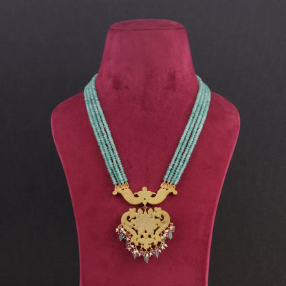 Classic Designer Jadau Kundan Long Haram with Four Line Green Emerald Bead Chain