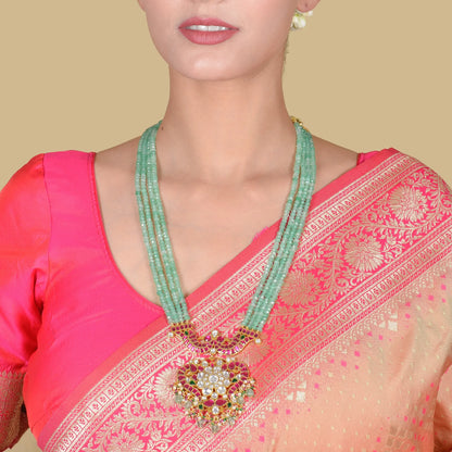 Classic Designer Jadau Kundan Long Haram with Four Line Green Emerald Bead Chain