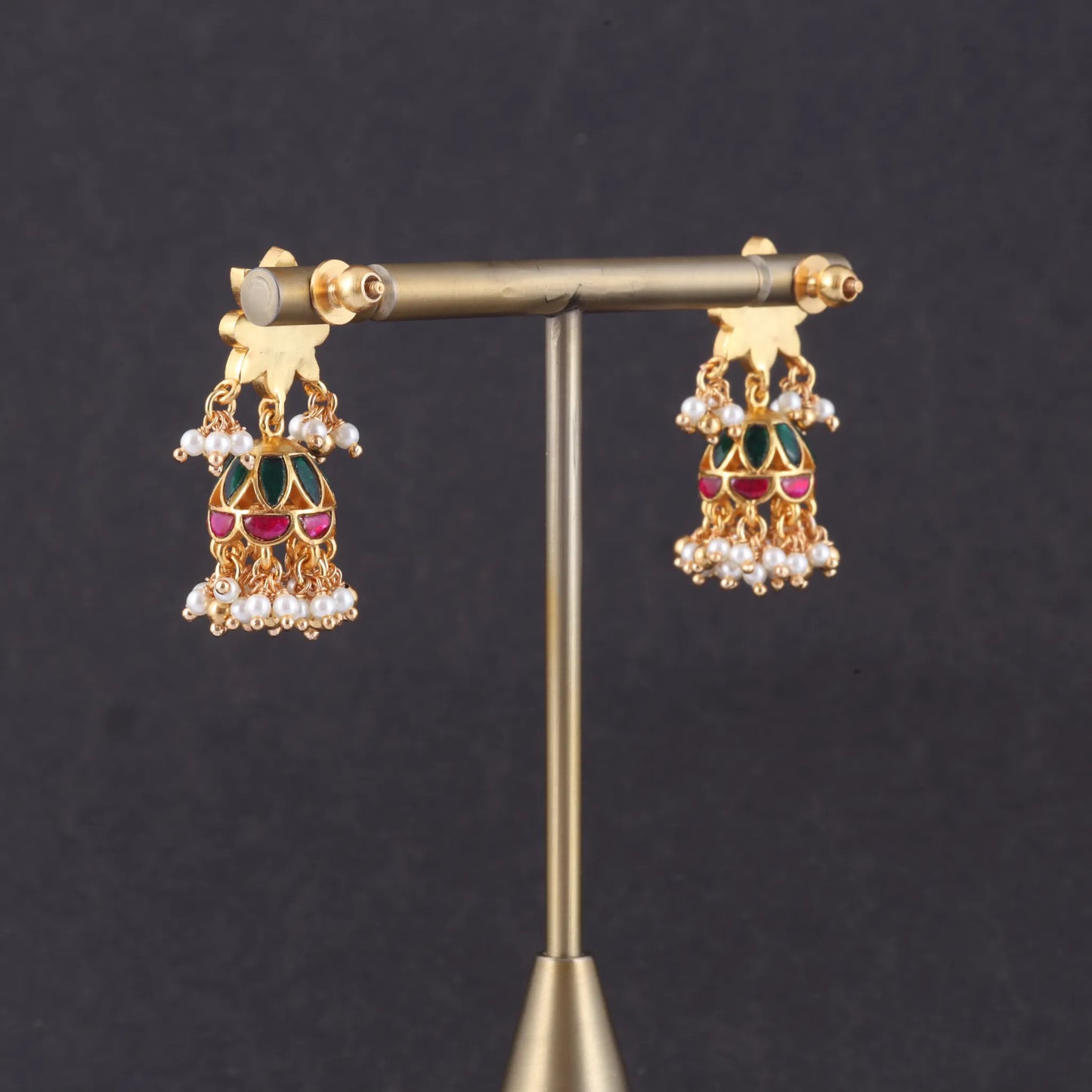 Cute Floral Jadau Kundan Jhumka Earrings with Pearl Beads Hangings