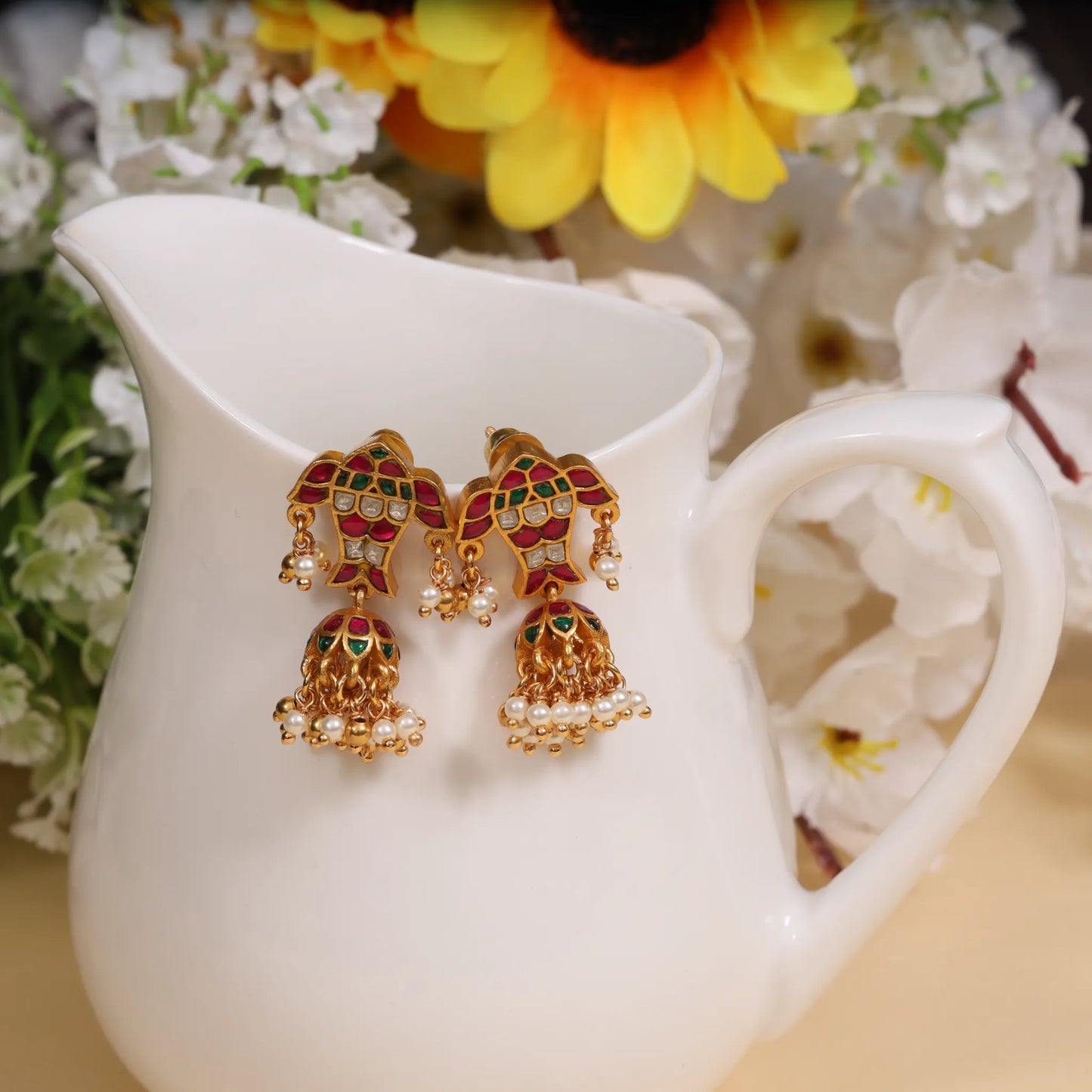 Fascinating Fish Motif Jadau Kundan Jhumka Earrings with Pearl Hangings