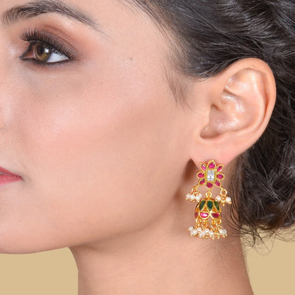 Cute Floral Jadau Kundan Jhumka Earrings with Pearl Beads Hangings