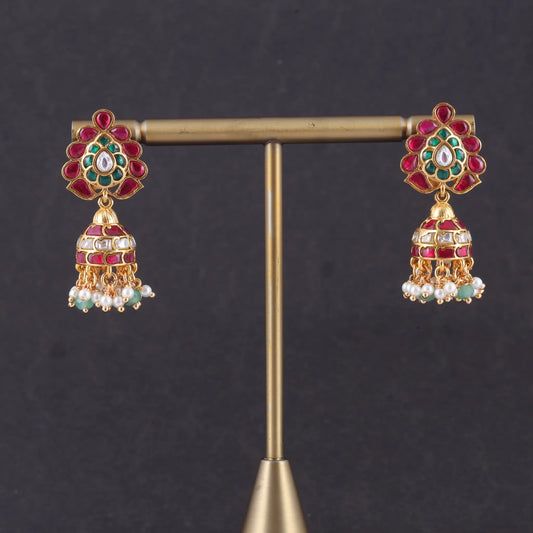 Charming Designer Jadau Kundan Jhumka Earrings with Pearl And Green Beads Hangings