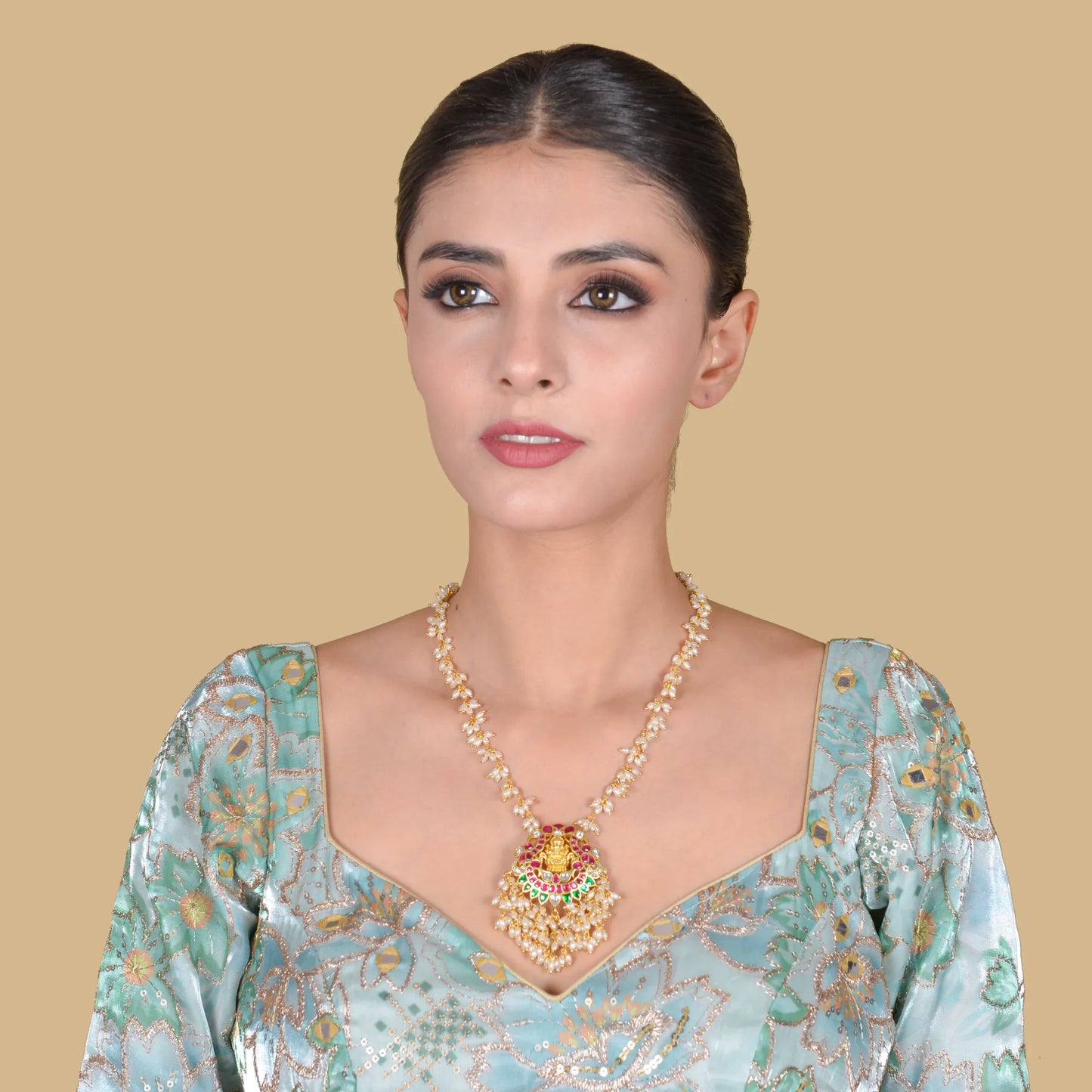 Designer Floral Chain Lakshmi Motif Jadau Kundan Necklace