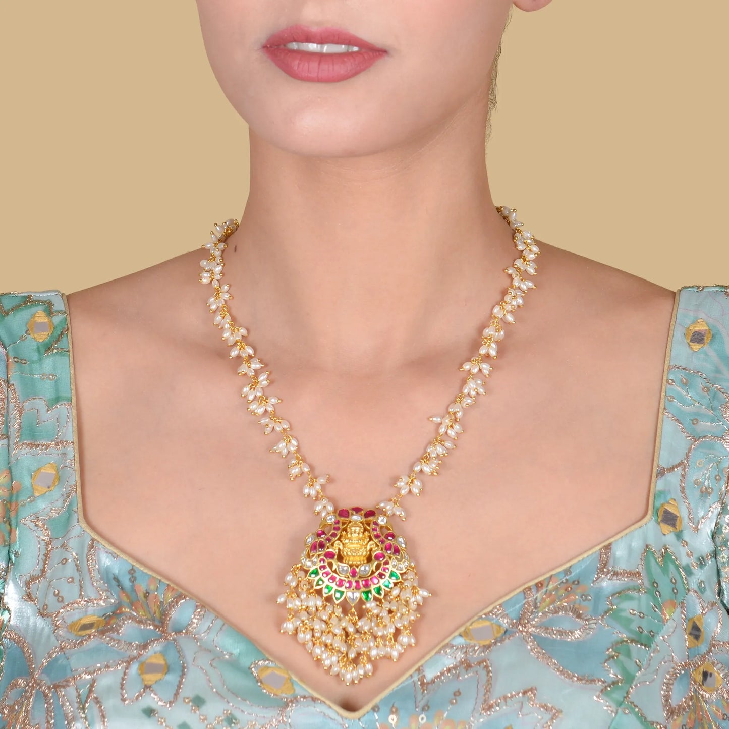 Designer Floral Chain Lakshmi Motif Jadau Kundan Necklace