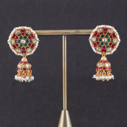 Alluring Designer Jadau Kundan Jhumka Earrings with Pearl and Green Beads Hangings