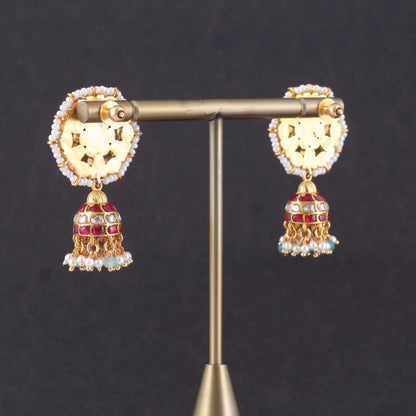 Alluring Designer Jadau Kundan Jhumka Earrings with Pearl and Green Beads Hangings