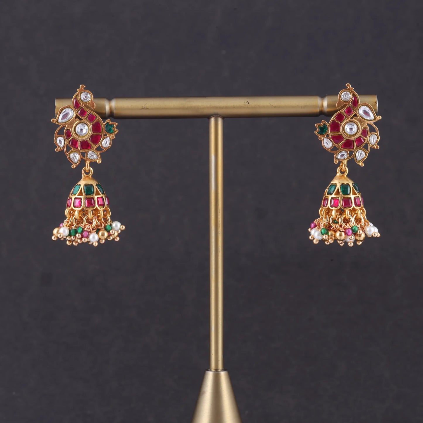 Stylish Peacock Motif Jadau Kundan Jhumka Earrings with Pearl and Green Beads Hangings