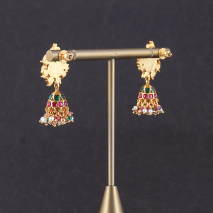 Stylish Peacock Motif Jadau Kundan Jhumka Earrings with Pearl and Green Beads Hangings