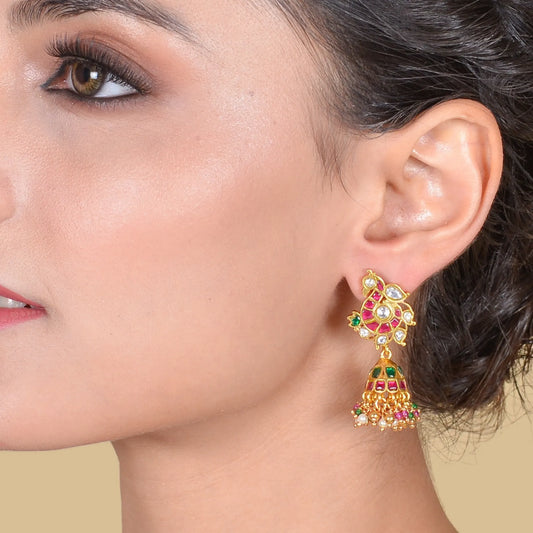 Stylish Peacock Motif Jadau Kundan Jhumka Earrings with Pearl and Green Beads Hangings