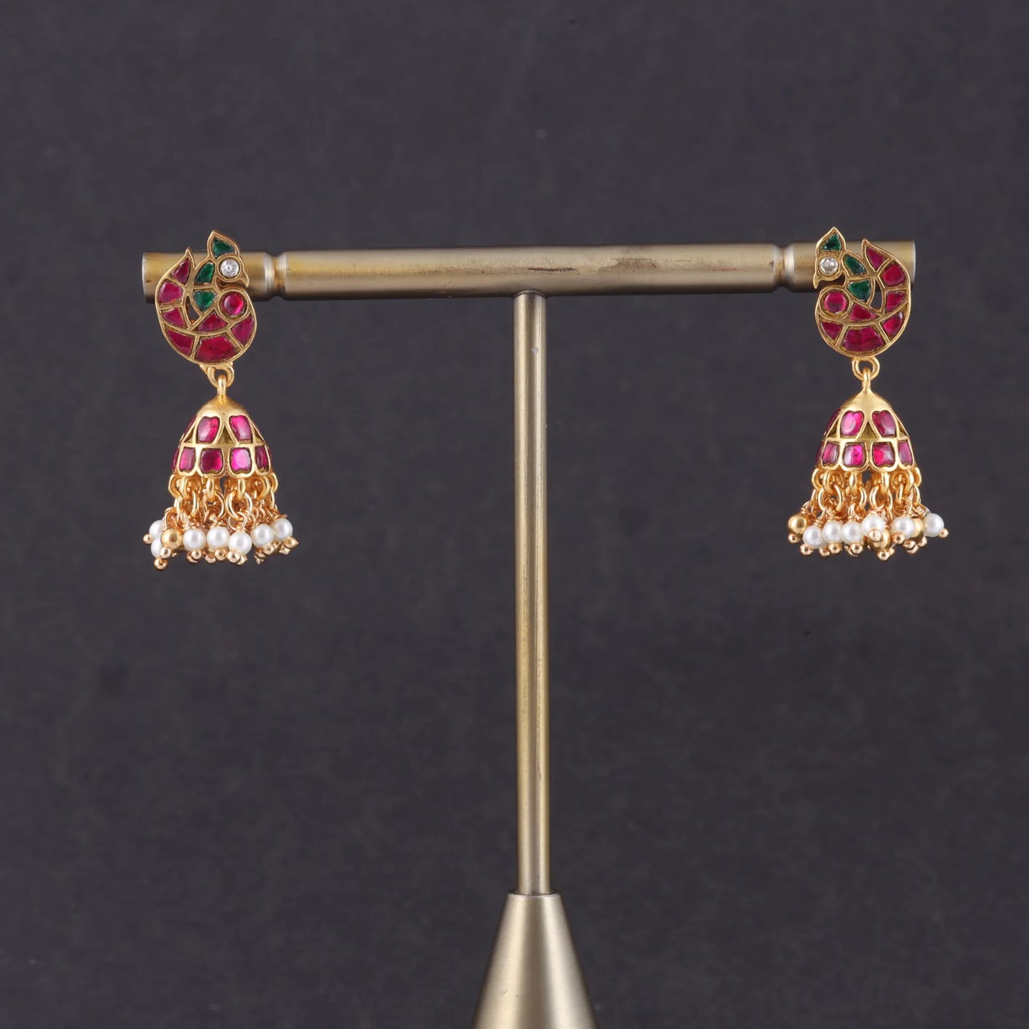 Regal Peacock Jadau Kundan Jhumka Earrings with Pearl Hangings