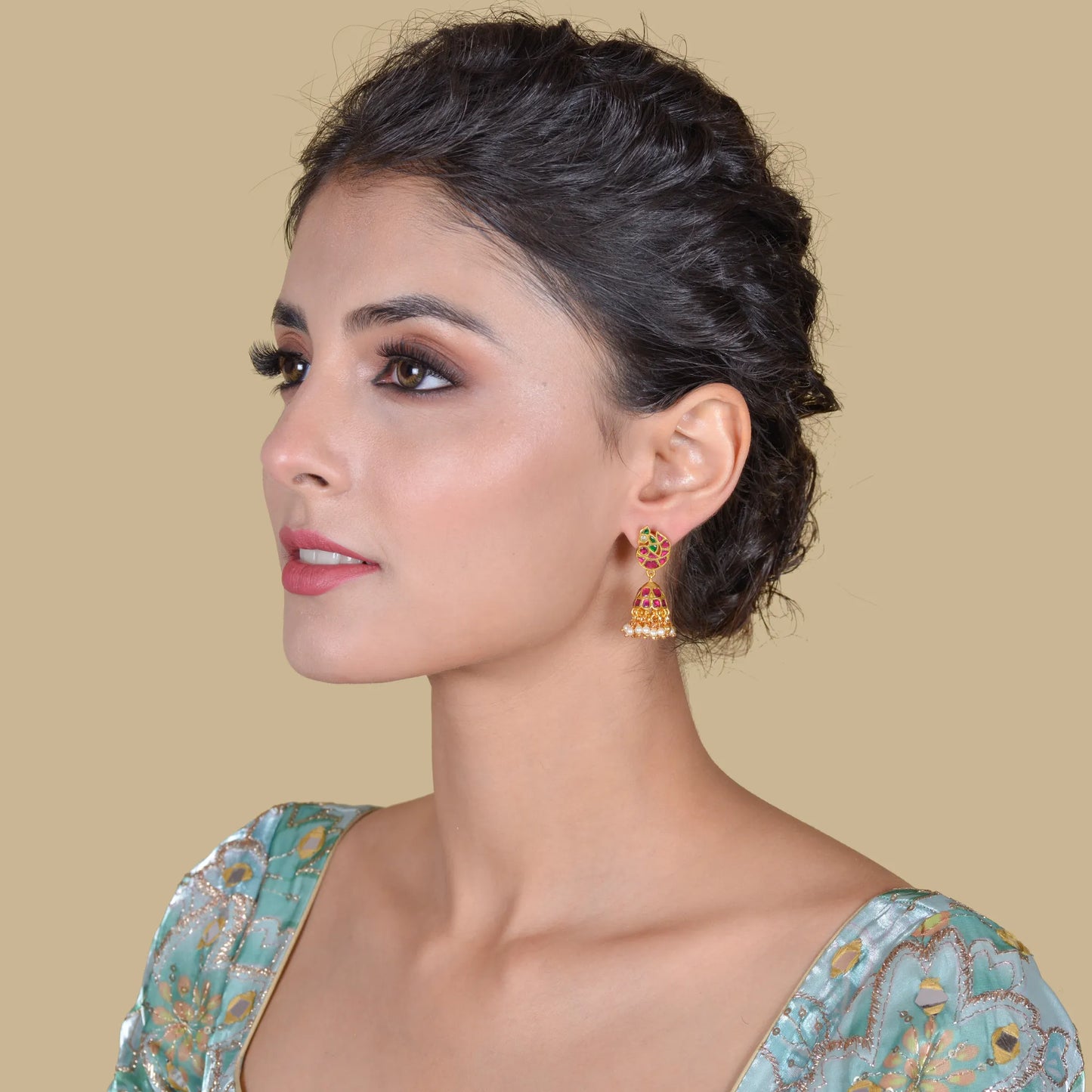 Regal Peacock Jadau Kundan Jhumka Earrings with Pearl Hangings