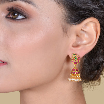 Regal Peacock Jadau Kundan Jhumka Earrings with Pearl Hangings