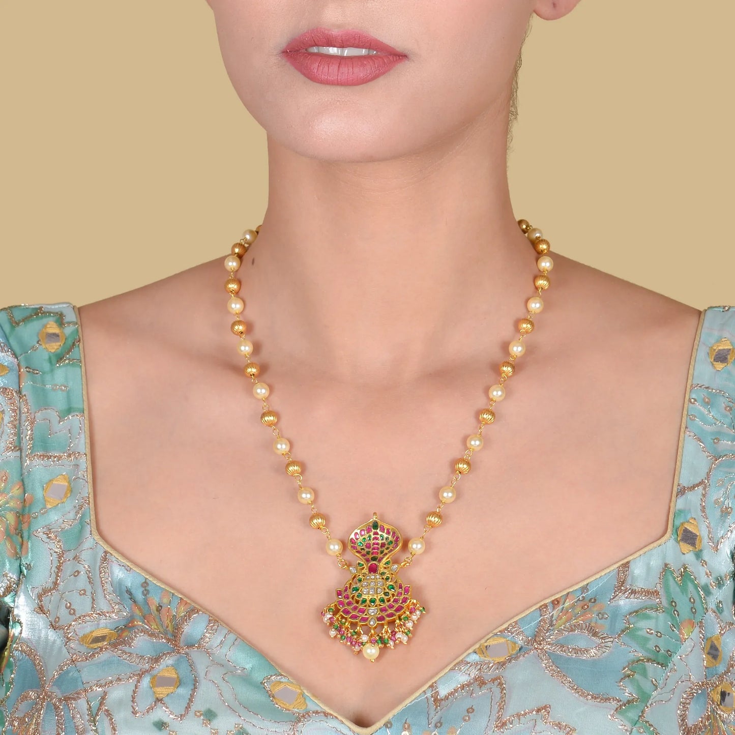 Naga Jadau Kundan Pendant with Pearl Chain