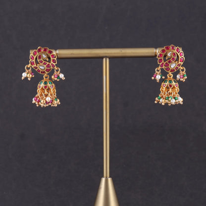 Exquisite Peacock Jadau Kundan Designer Earrings with Pearl and Green Beads Hangings