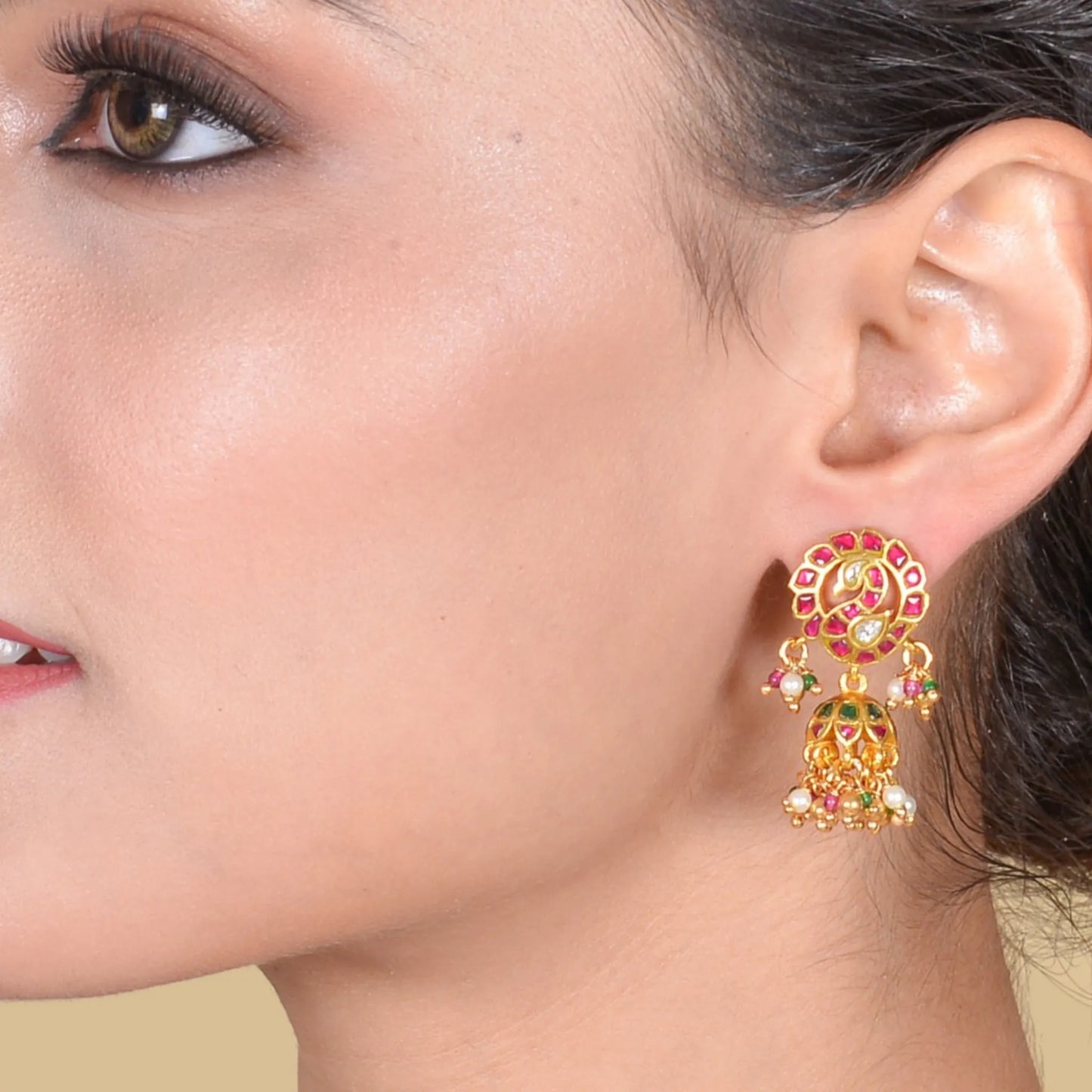 Exquisite Peacock Jadau Kundan Designer Earrings with Pearl and Green Beads Hangings