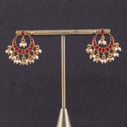 Elegant Jadau Kundan Designer Chandbali Earrings with Pearls Hangings