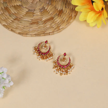 Elegant Jadau Kundan Designer Chandbali Earrings with Pearls Hangings