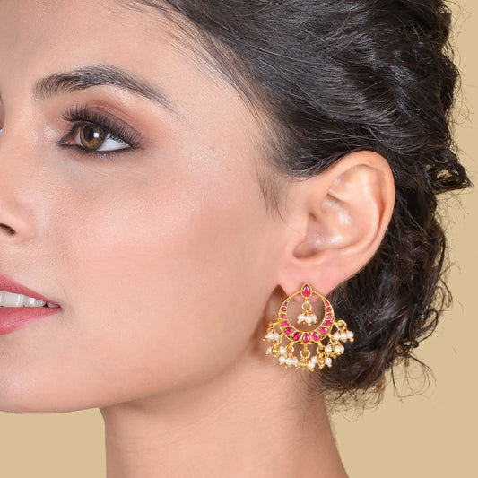 Elegant Jadau Kundan Designer Chandbali Earrings with Pearls Hangings