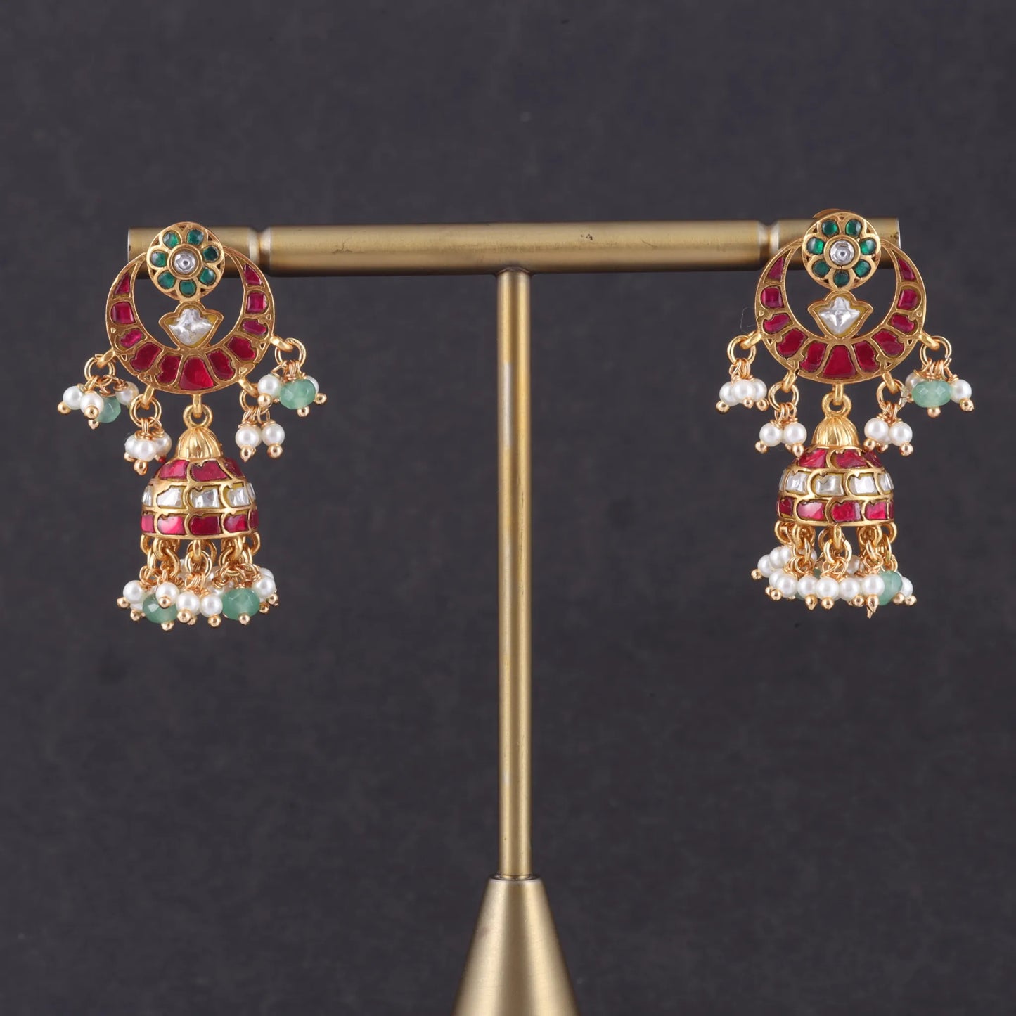 Designer Chandbali Jadau Kundan Jhumka Earrings with Pearls and Green Beads Hangings