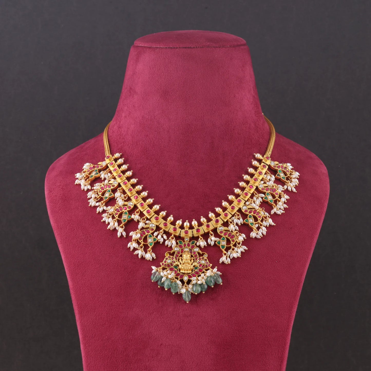 Lakshmi Motif Designer Guttapusalu Necklace with Pearls and Emerald beads Hangings