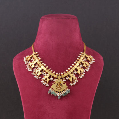 Lakshmi Motif Designer Guttapusalu Necklace with Pearls and Emerald beads Hangings