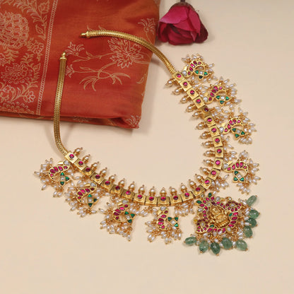 Lakshmi Motif Designer Guttapusalu Necklace with Pearls and Emerald beads Hangings