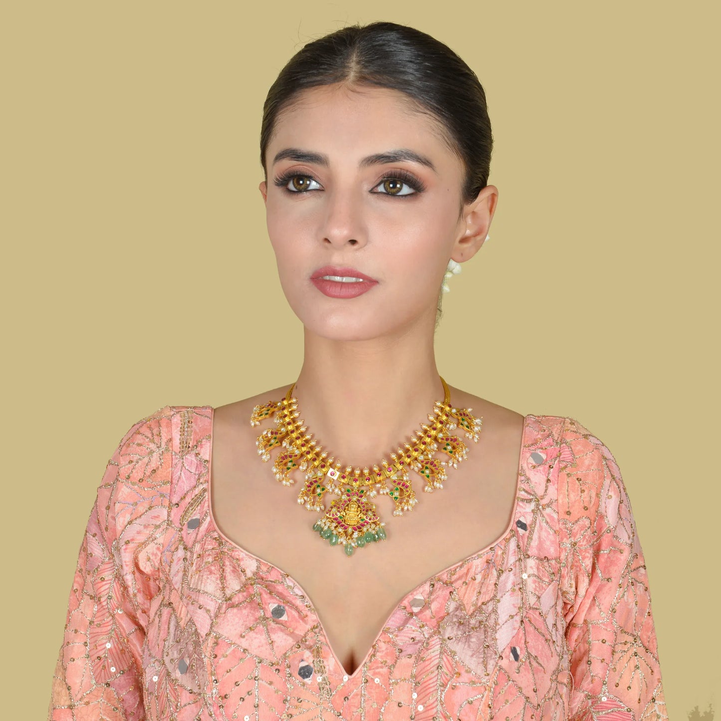 Lakshmi Motif Designer Guttapusalu Necklace with Pearls and Emerald beads Hangings