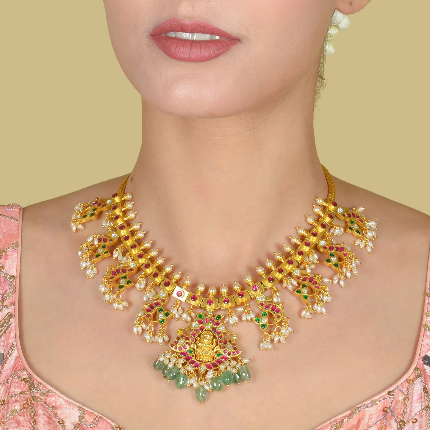 Lakshmi Motif Designer Guttapusalu Necklace with Pearls and Emerald beads Hangings