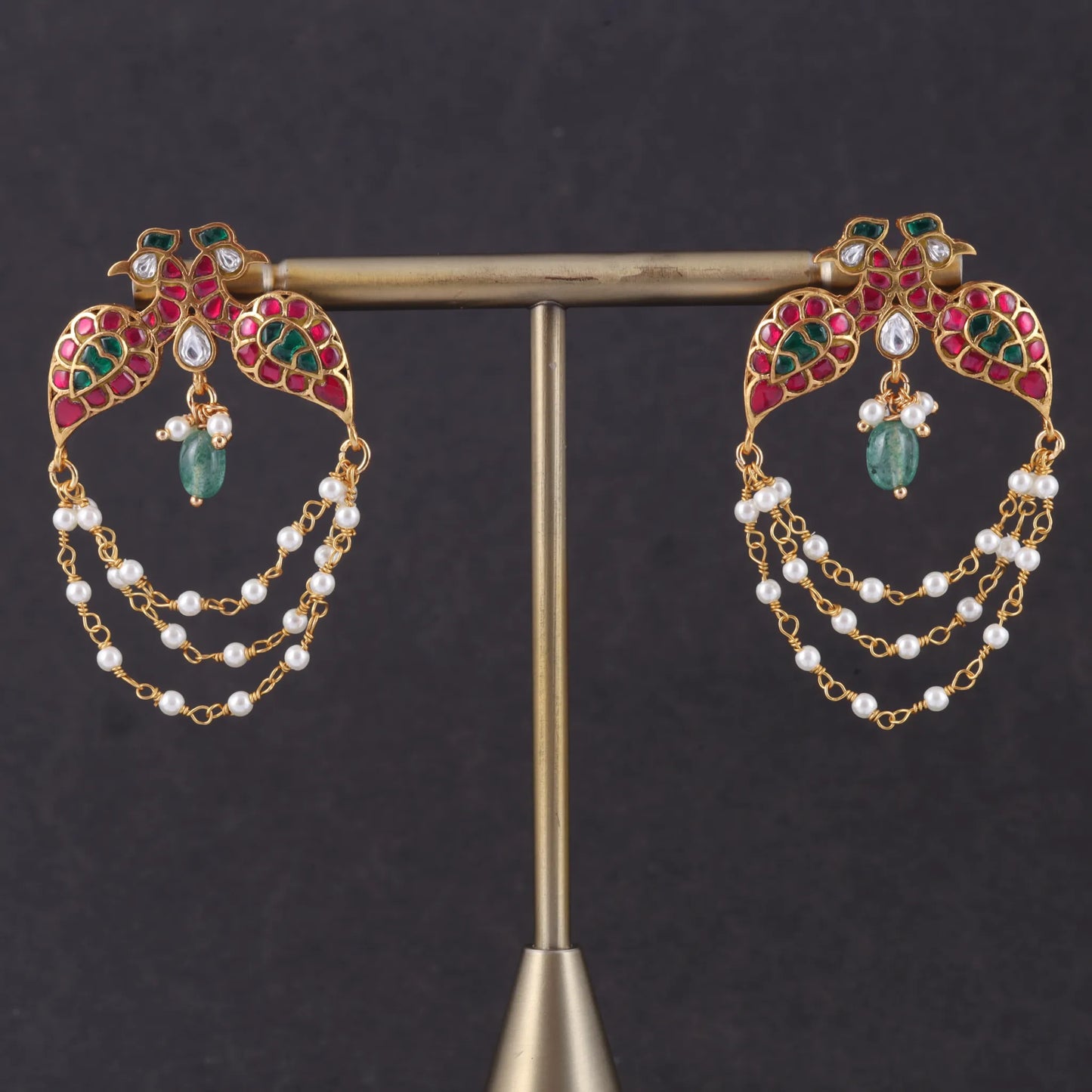 Dual Peacock Designer Jadau Kundan Earrings with Pearls