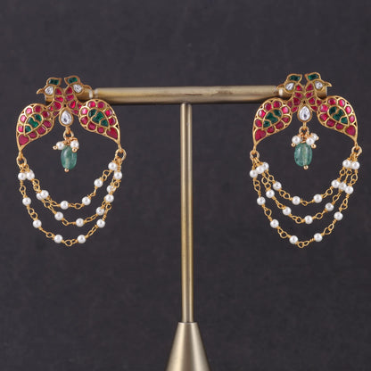 Dual Peacock Designer Jadau Kundan Earrings with Pearls