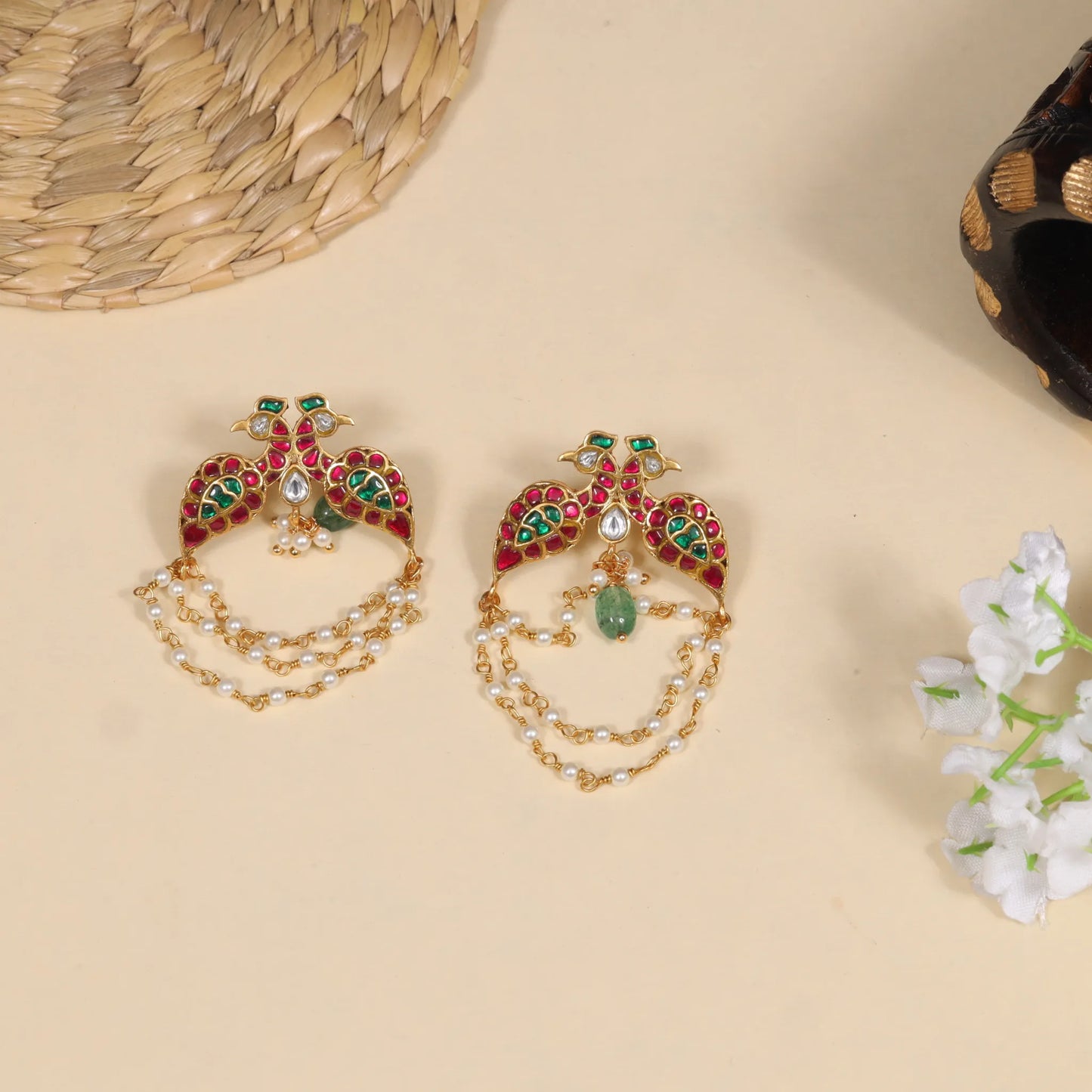 Dual Peacock Designer Jadau Kundan Earrings with Pearls