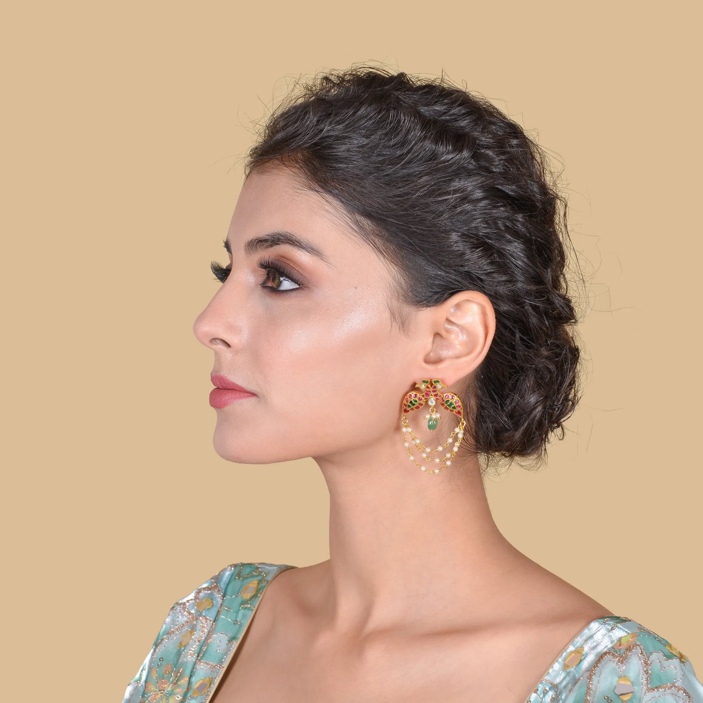 Dual Peacock Designer Jadau Kundan Earrings with Pearls