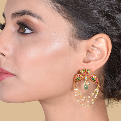 Dual Peacock Designer Jadau Kundan Earrings with Pearls