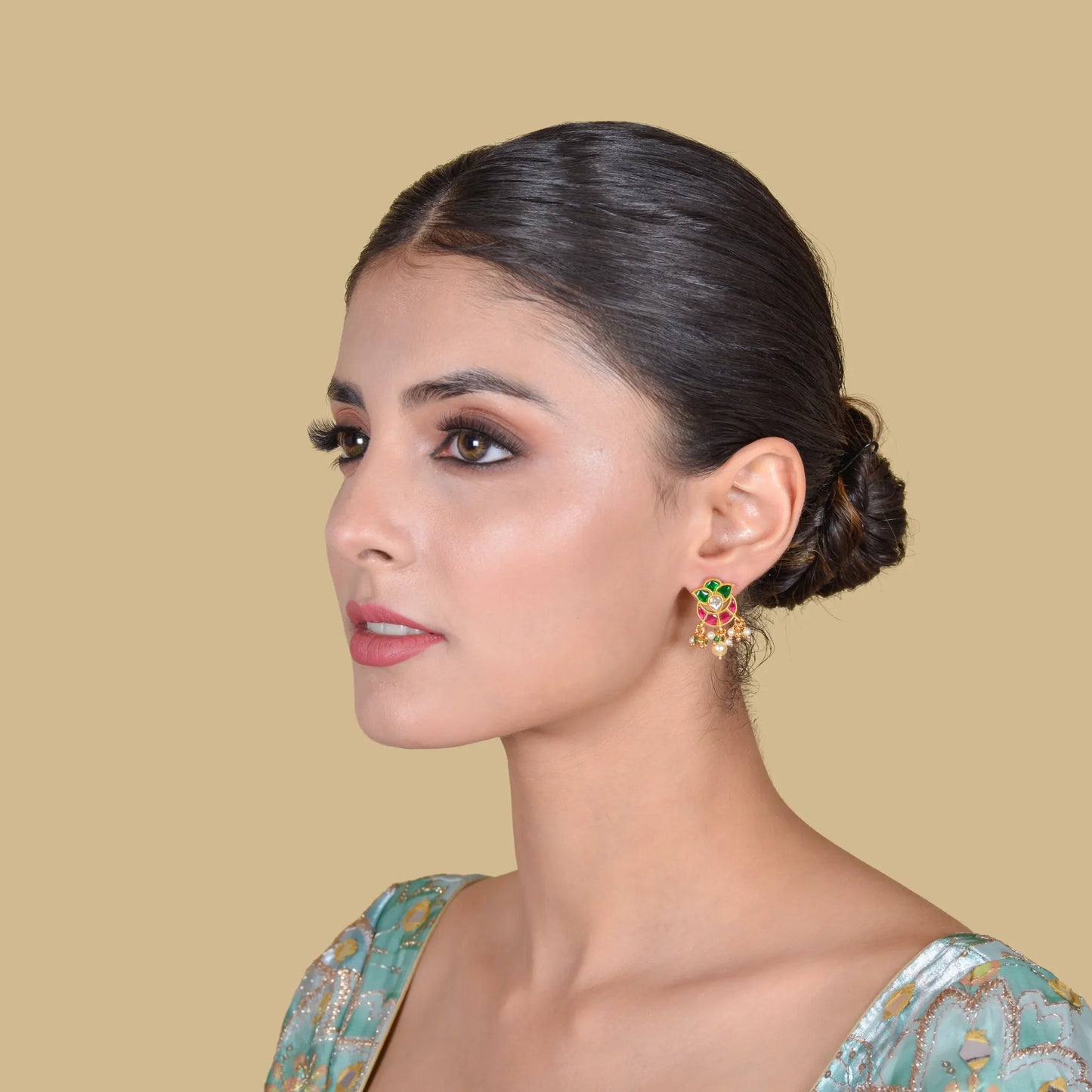 Pretty Looking Jadau Kundan Stud Earrings with Pearl and Hangings Beads