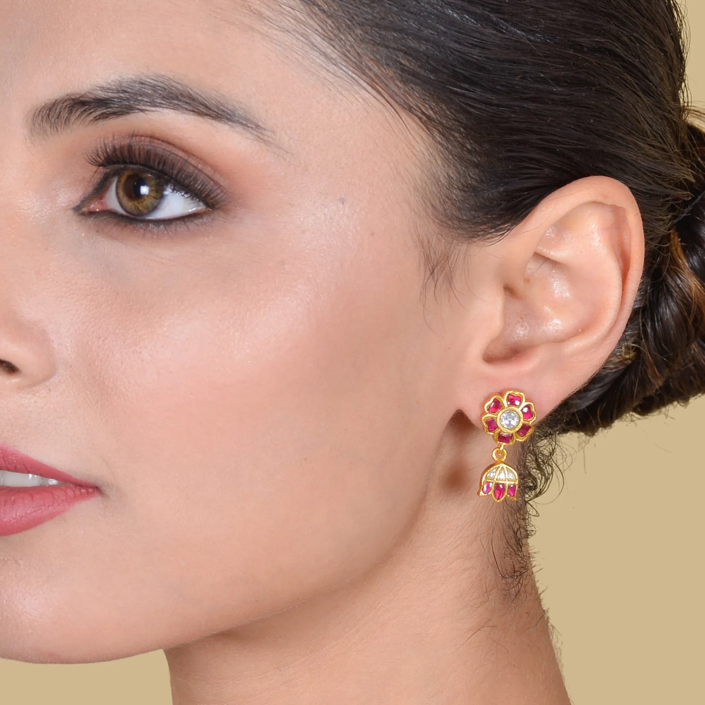 Cute Little Ruby Jadau Kundan Stud Earrings