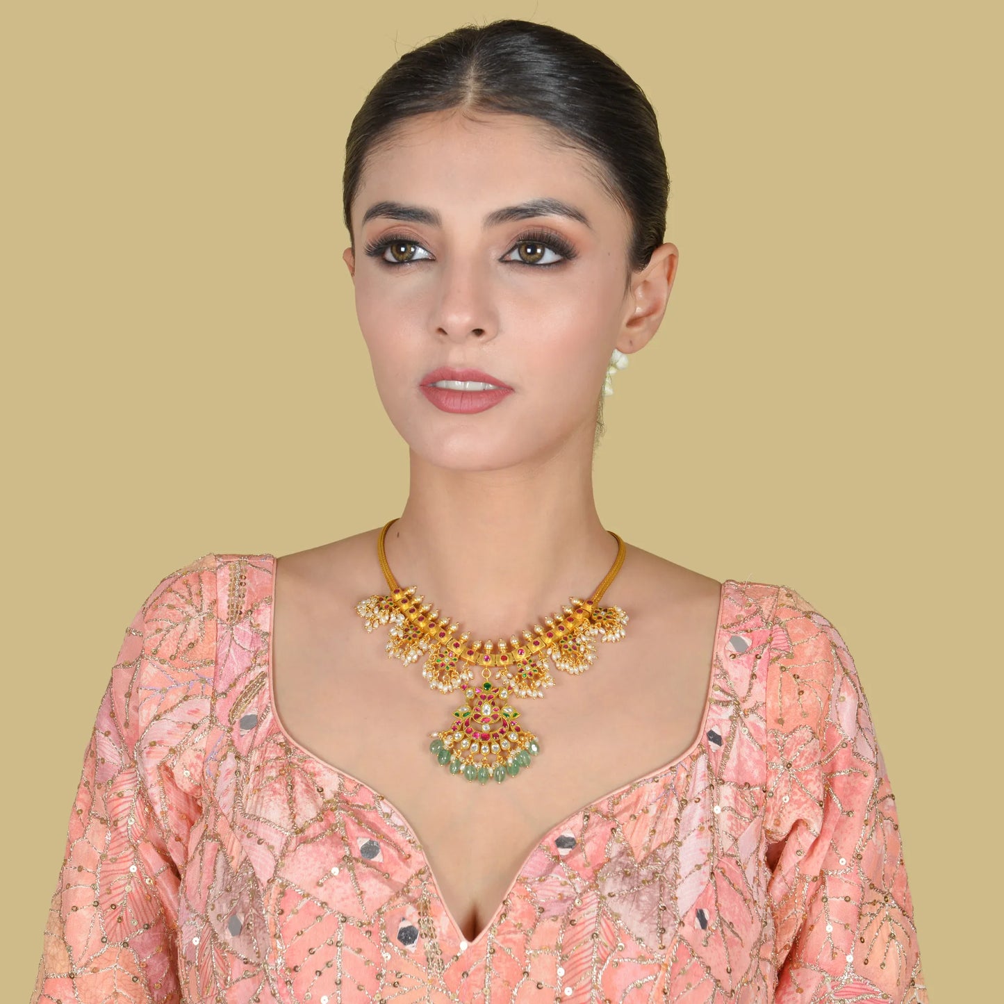 Simple and Classic Jadau Kundan Gold Plated Guttapusalu Necklace