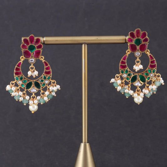 Charming Jadau Kundan Chandbali Earrings with Pearl and Green Beads Hangings